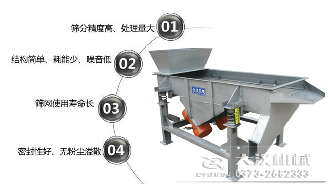 1016型直線振動篩特點：1，篩分精度高，處理量大。2，結(jié)構(gòu)簡單，耗能少，噪音低，3，篩網(wǎng)使用壽命長，密封性好無粉塵溢散。